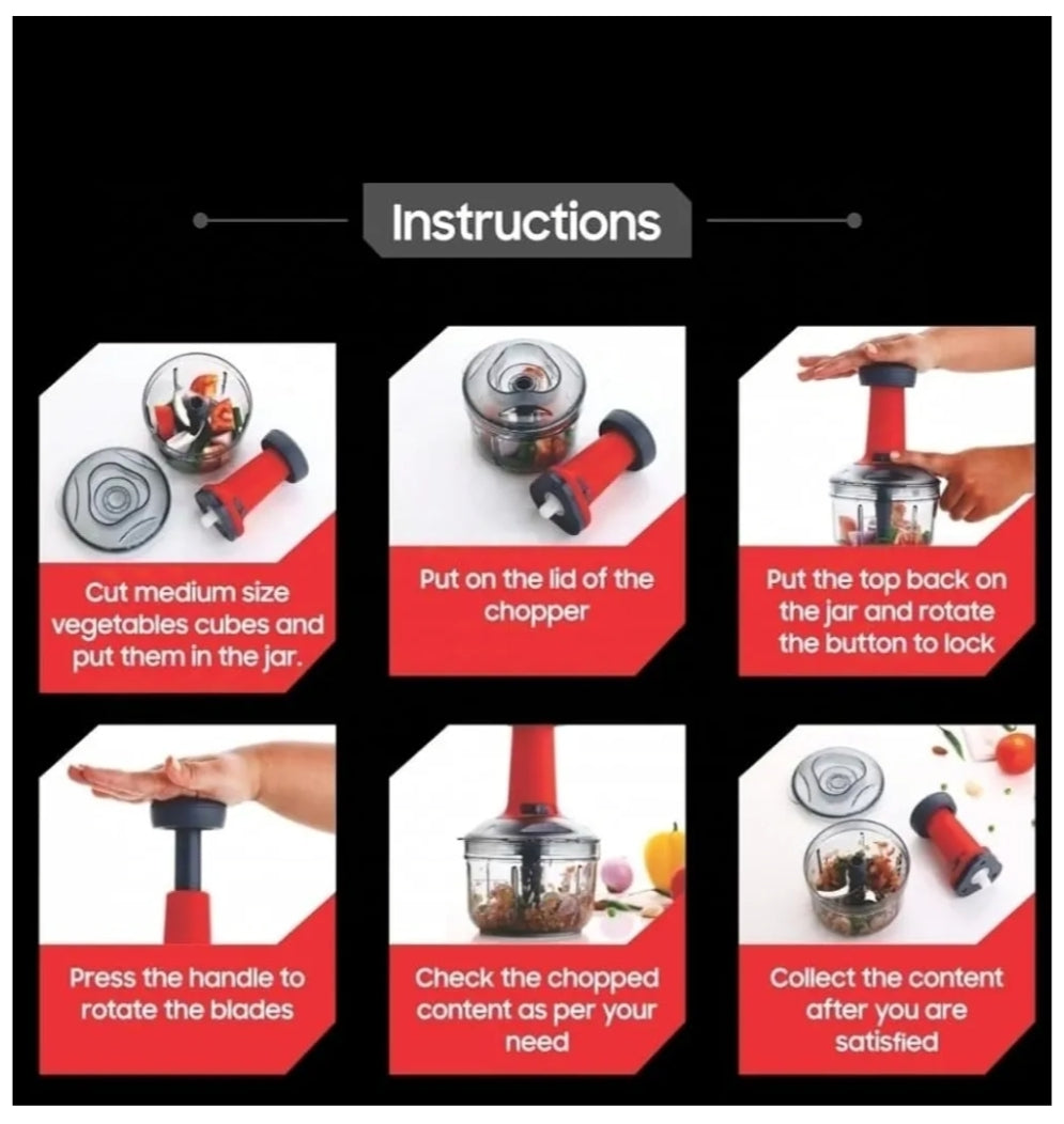 Thunder Chopper Plastic Quick Cutter Machine For Kitchen | With 3 Stainless Steel Blade | BPA Free| Multipurpose For Vegetables, Dry Fruit Etc | Handy Manual Chopper | (650Ml | Multicolor)