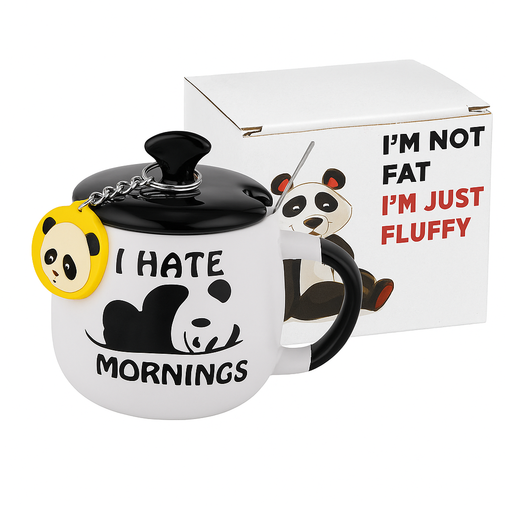 Panda Coffee Mug with Lid & Glass Spoon, Mugs for Coffee,Birthday present for everyone,diwali gift,best present for women,Ceramic Mug, 3D Panda Coffee Mug (420ml – Panda White) (Panda Mug)