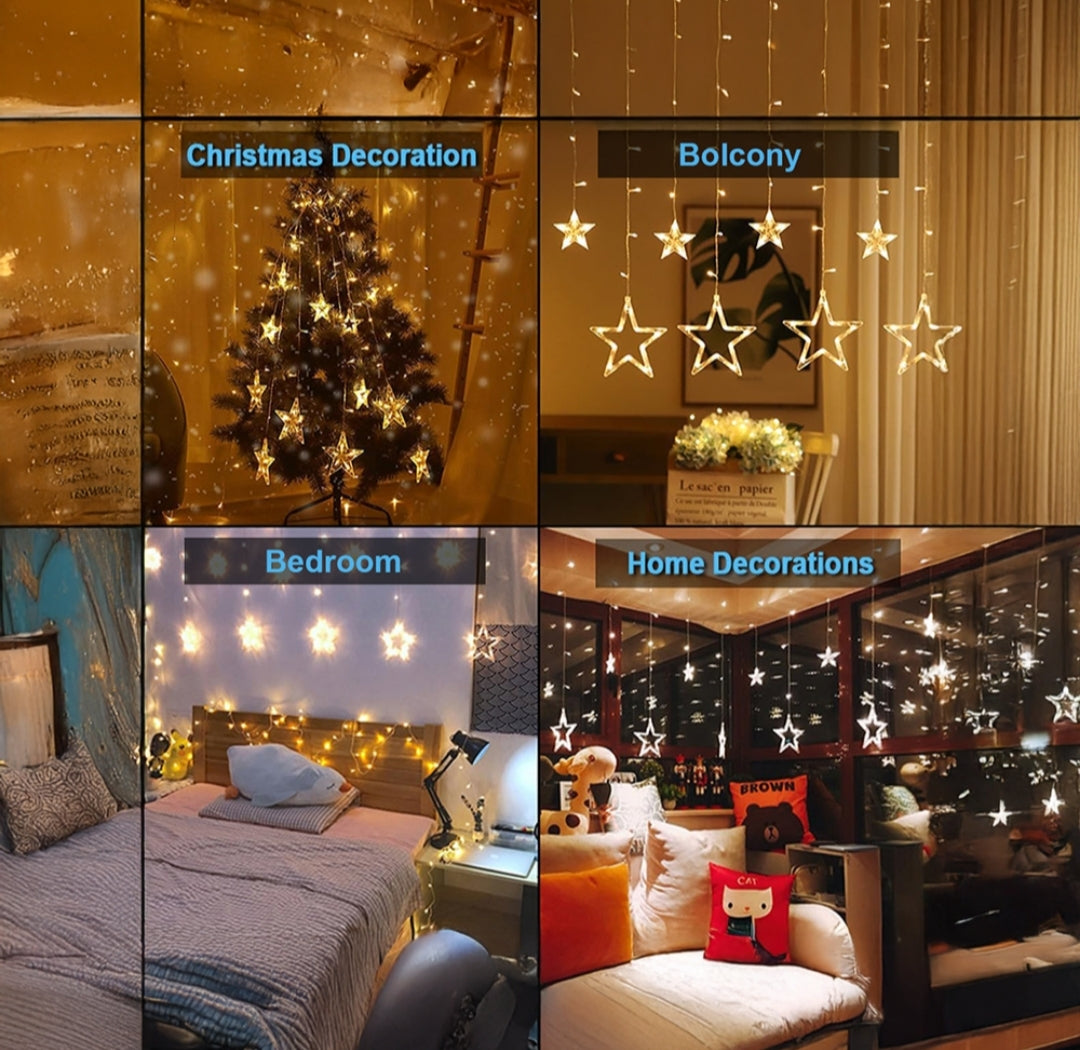 Star Curtain LED String Lights – 138 LED, 8 Flash Modes, Warm White Copper Wire Fairy Lights for Window, Wall, Garden, Diwali, Christmas, Wedding & Home Decoration (3 Meter)