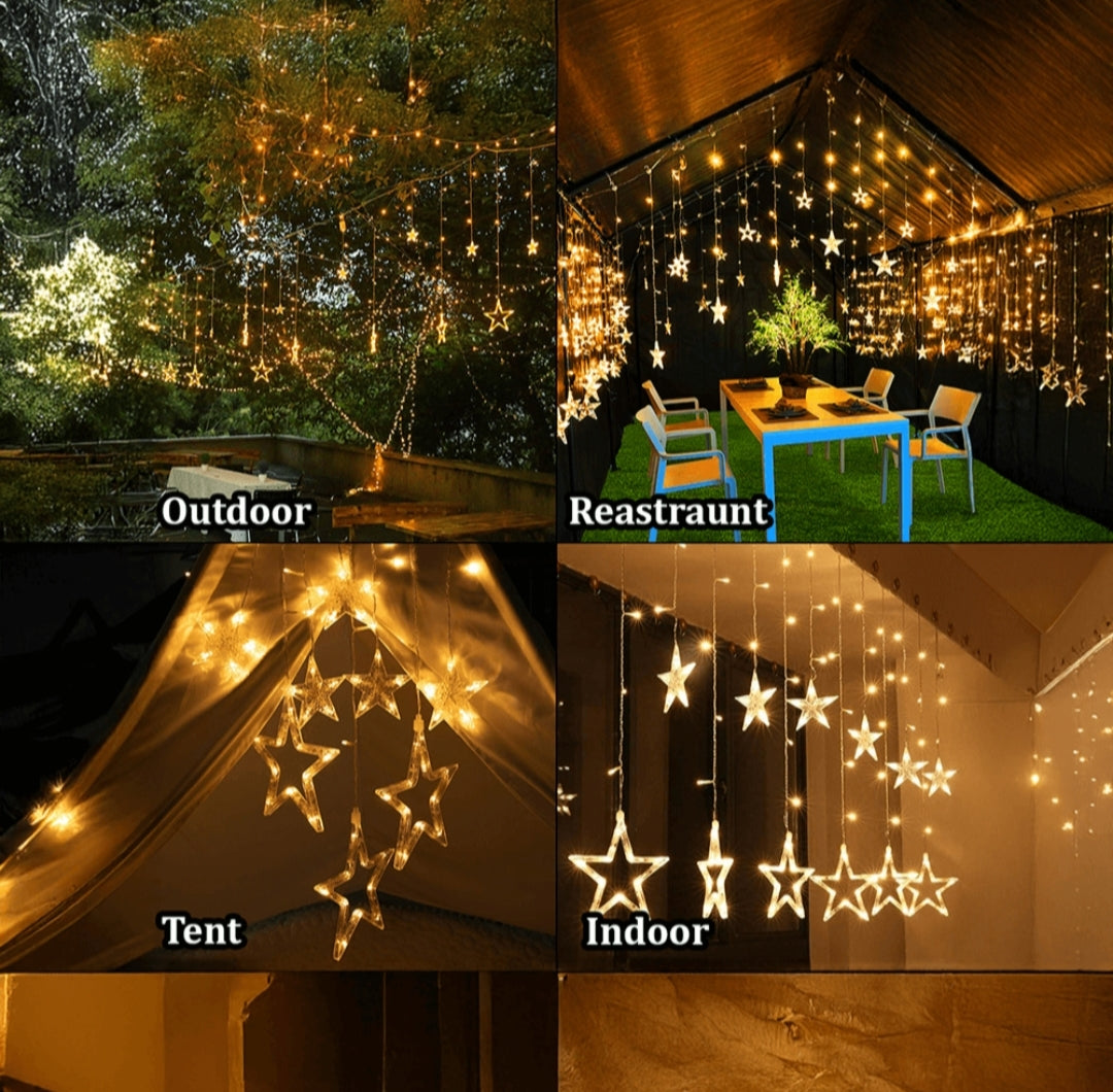 Star Curtain LED String Lights – 138 LED, 8 Flash Modes, Warm White Copper Wire Fairy Lights for Window, Wall, Garden, Diwali, Christmas, Wedding & Home Decoration (3 Meter)