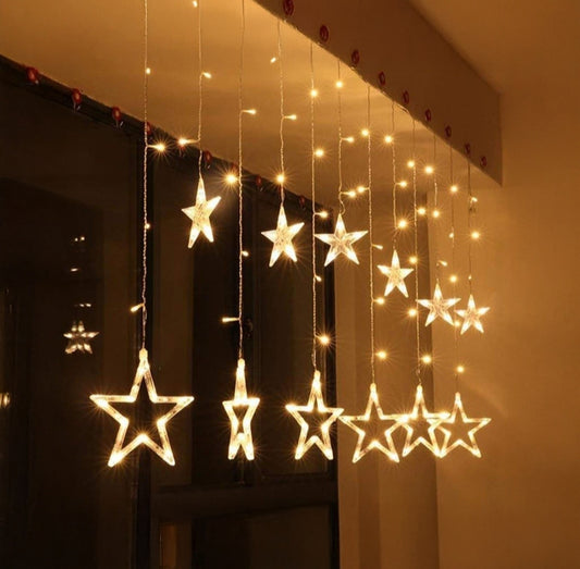 Star Curtain LED String Lights – 138 LED, 8 Flash Modes, Warm White Copper Wire Fairy Lights for Window, Wall, Garden, Diwali, Christmas, Wedding & Home Decoration (3 Meter)